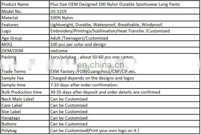 Plus Size OEM Designed 100 Nylon Durable Sportswear Long Pants