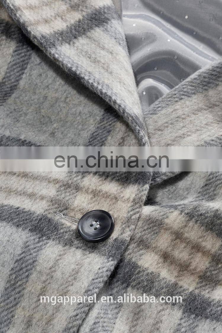 wholesale OEM high quality women winter long coat grey soft wool check coat