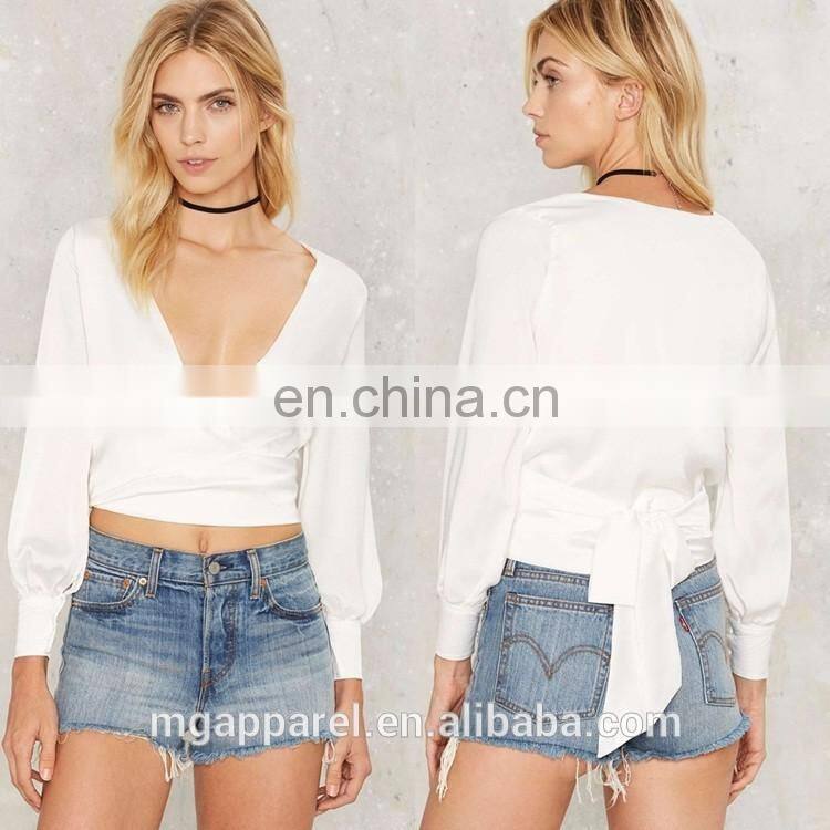 New style women tops and blouses, 2017 summer women wrap white blouse