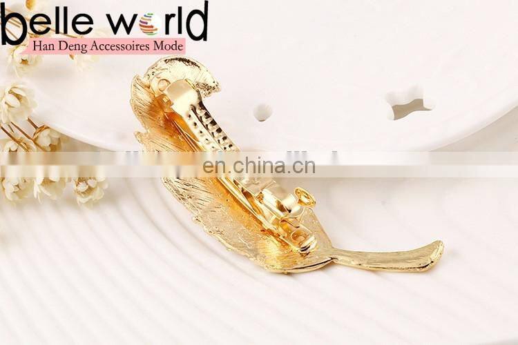 Fashion Gold Plated Rhinestone Crystal Feather Hair Clip Hairpin Barrette