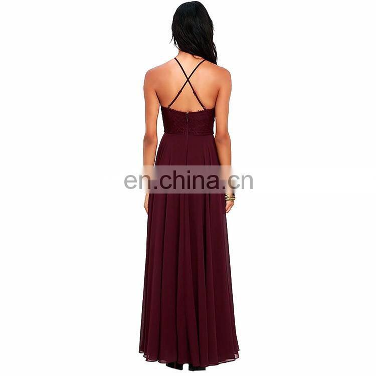 Elegant Strap Lace Bodice Burgundy Maxi Chiffon Lady Dresses Women's Wholesale Long Evening Dress