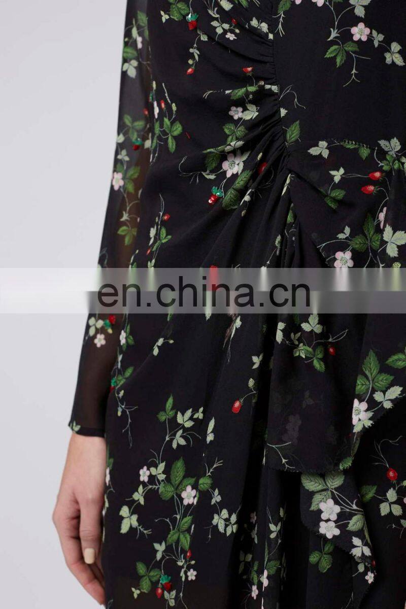 Round neck Floral printed chiffon printed dress with ruffled details