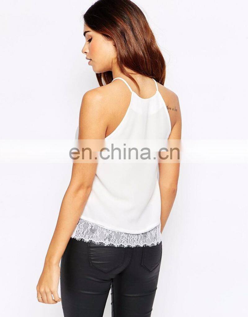 New fashion woman summer chiffon tops with lace hem