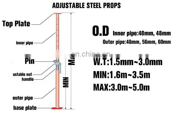 Red painted adjustable steel support, construct brace heavy duty adjustable steel prop Maximum 4m height