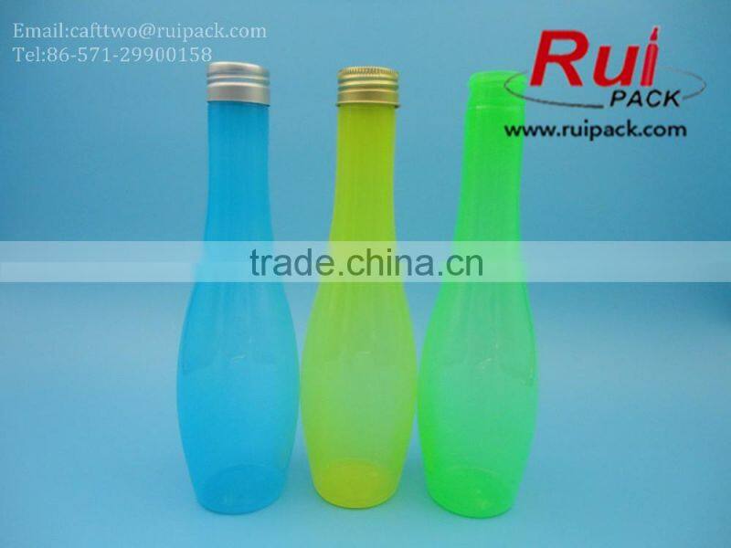 Hot! Long thin plastic PET bottle with aluminum cap for beverage/drink, clear PET juice bottle