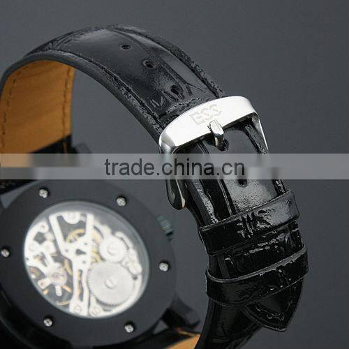 Brand Men's Black Luxury Stainless Steel Skeleton Semi-Automatic Leather Mechanical Watch WM221-ESS