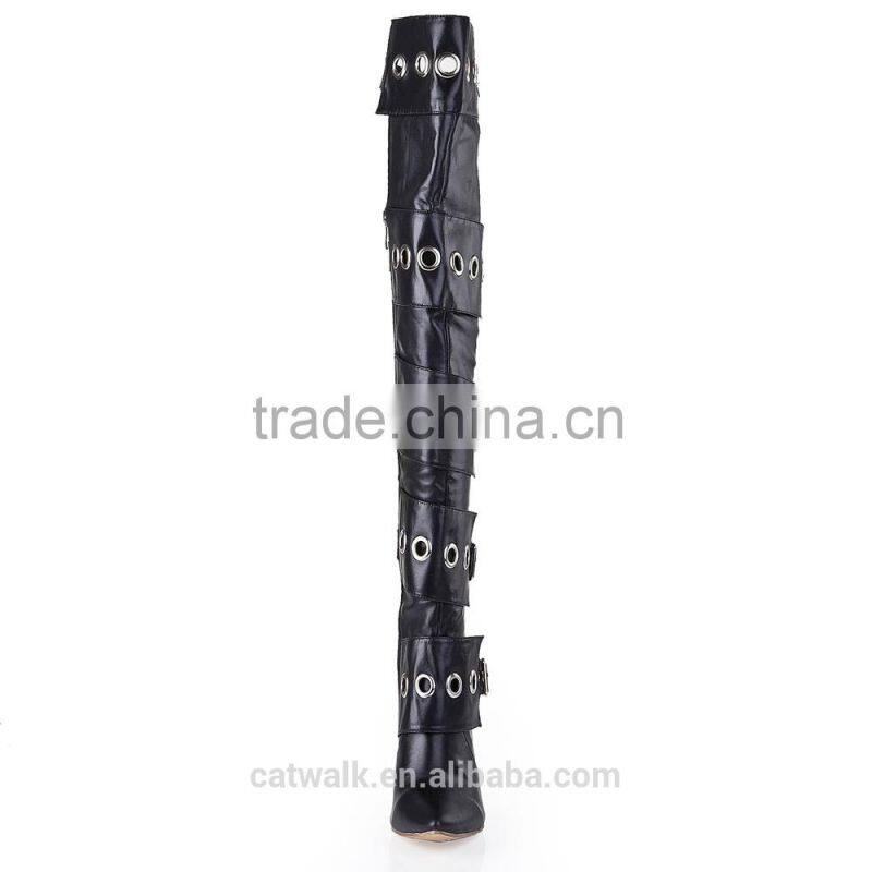 Over the knee lace up boots front round metal embelished thigh high boots cut out knee high gladiator boots