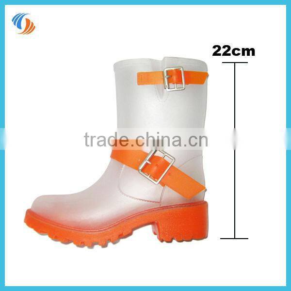 New Women White With Orange Buckle Straps PVC Transparent Rain Boots