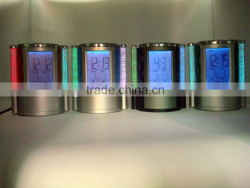 new design rainbow color change multifunctional penholder with digital clock