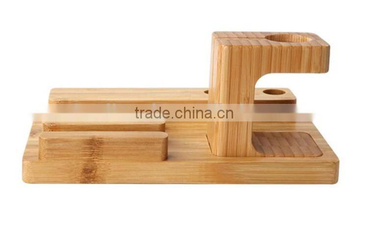 Bamboo Wood 3 in 1 Office Home Desk Cradle Holder with Phone Tablet Stand Wooden Holder