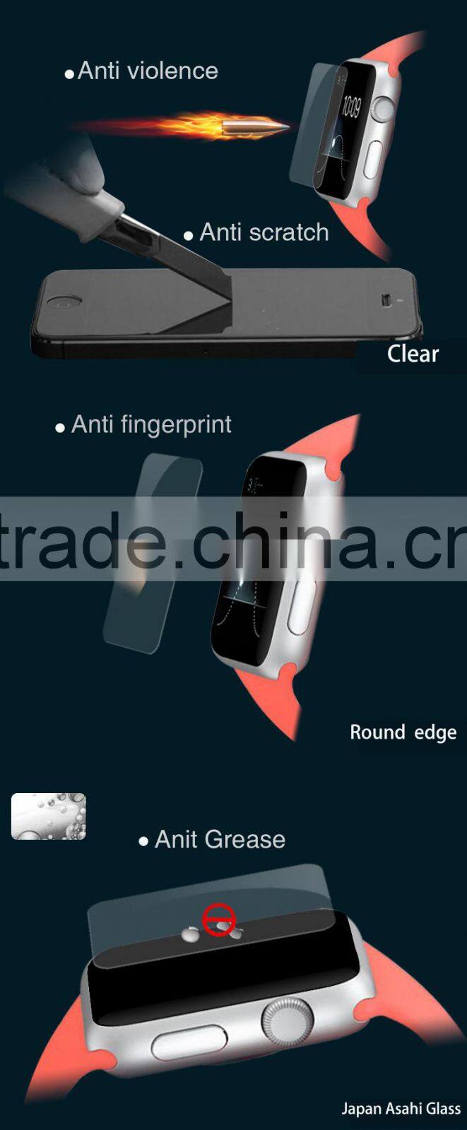 0.33mm high definition anti scratch anti-glare 2.5D 9H tempered glass for Apple watch in screen protector