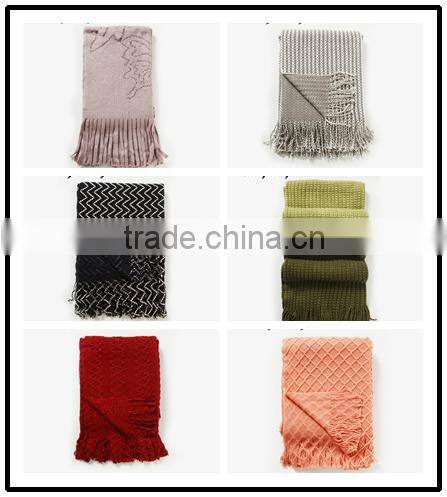 Hot sale orange color acrylic single side check jacquard crochet blanket with short tassels