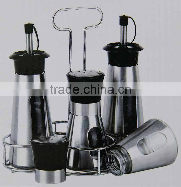 shining stainless steel coated glass cruet with metal rack