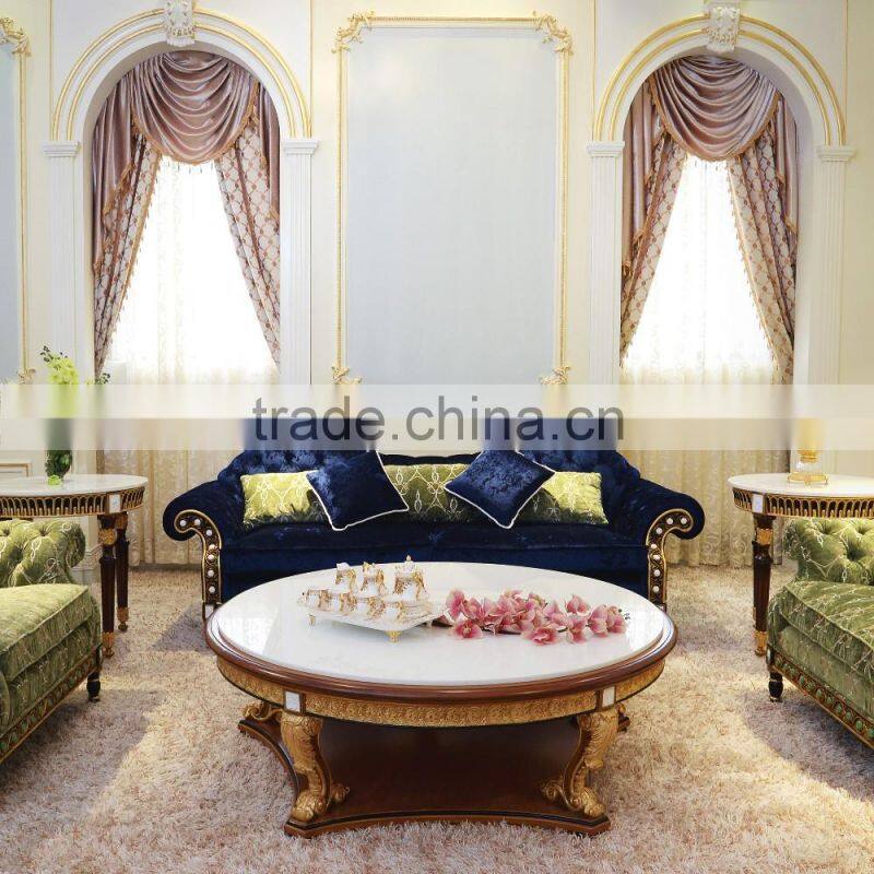 Luxury French Design New Classic Navy Fabric Sofa/ Elegant Palace Hand Carved Wooden Living Room Furniture Sofa Set