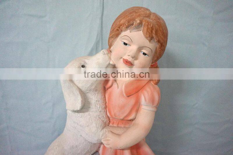 Fiberglass colorful girl and dog statue garden ornament