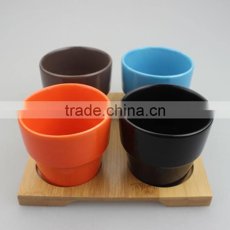 Set of 4 colorful ceramic coffee cups set with wooden base,snack tray