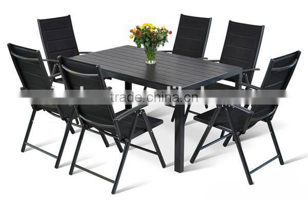 Outdoor garden sling dining chairs plastic wooden table furniture