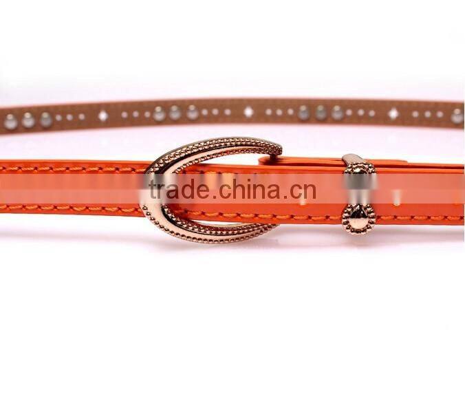 Fashion rhinestone decorated pin buckle sex girl thin orange PU waist belt