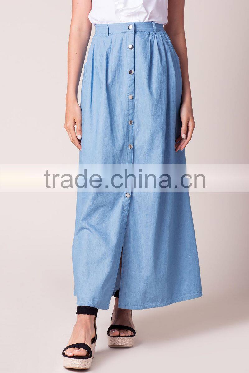 2017 New design women button front banded waist chambray maxi skirt