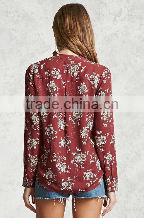 Woman Long Sleeve Stand-up Collar Button Down Floral Chiffon Blouse