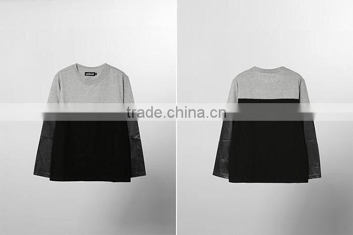 splice round neck black guangzhou custom women jersey longsleeve tshirt t-shirt cotton for ladies blank factory