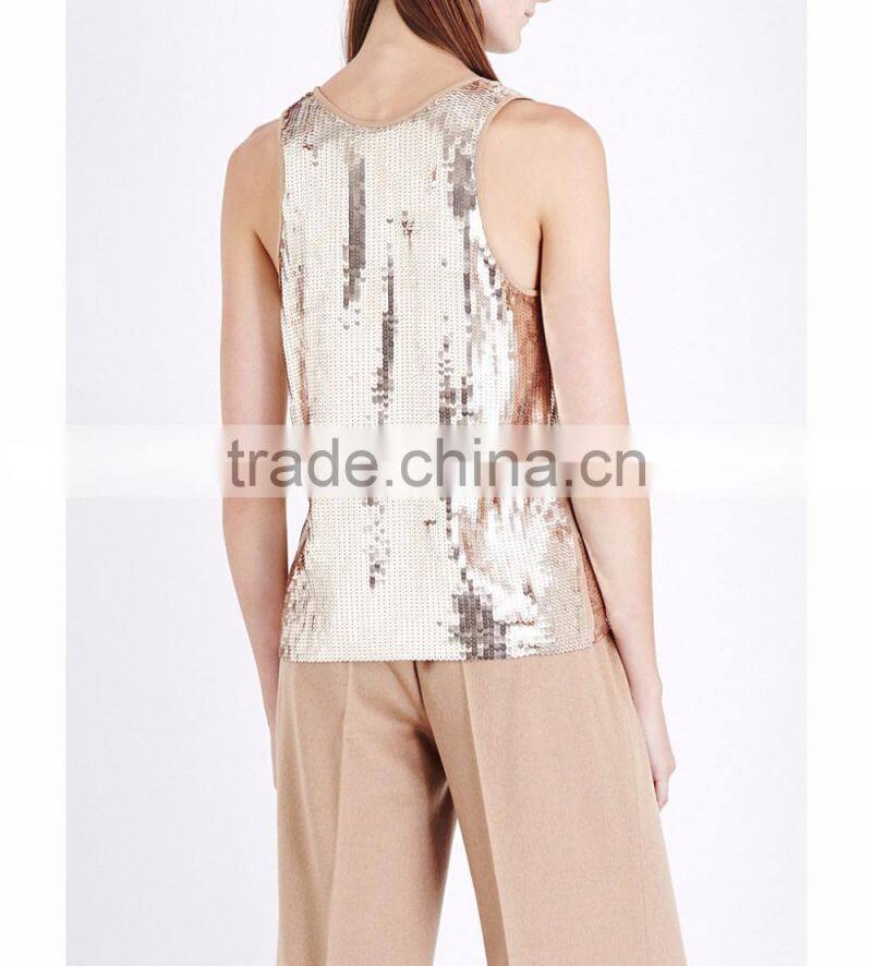 Wholesale Women Scoop Neck Sleeveless Sequin Embellished Relaxed Sequinned Top(DQE0175T)