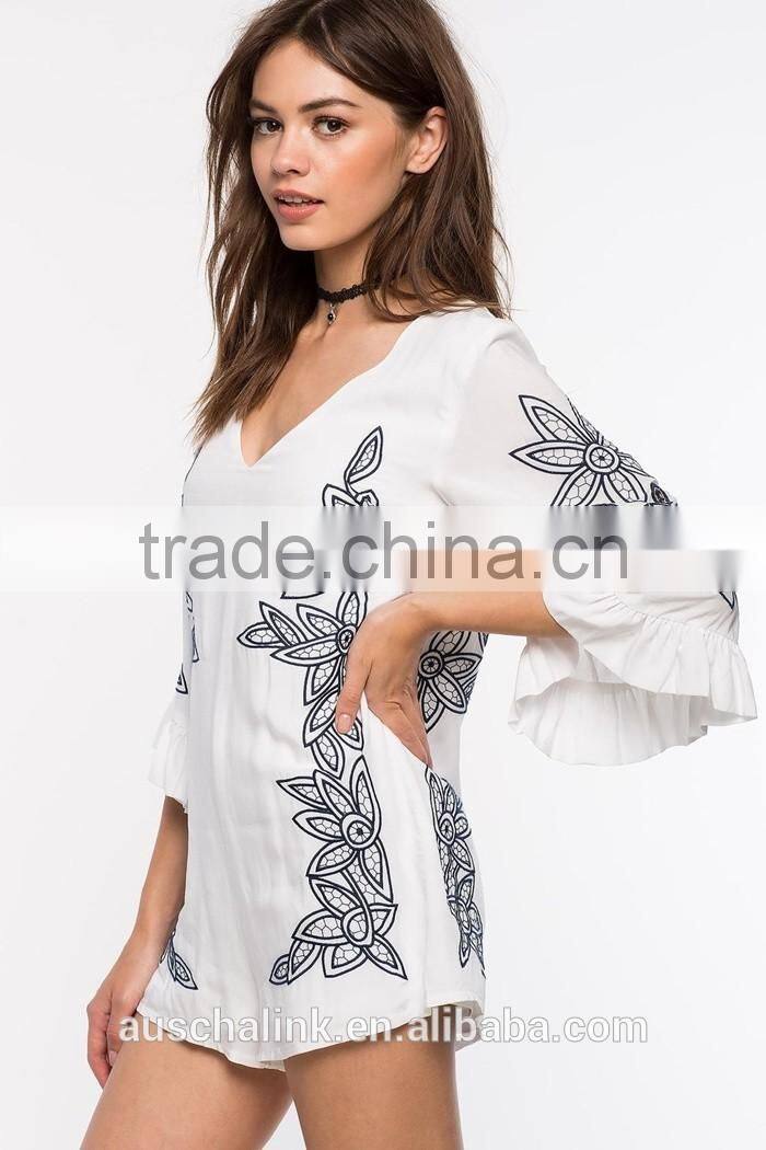 new style girls white bold embroidered floral cheap romper