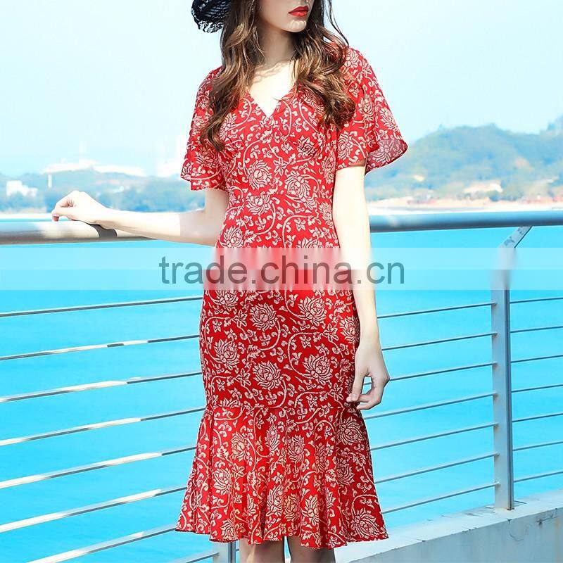 Maxnegio floral print bohemian dress v neck border print fabric dress