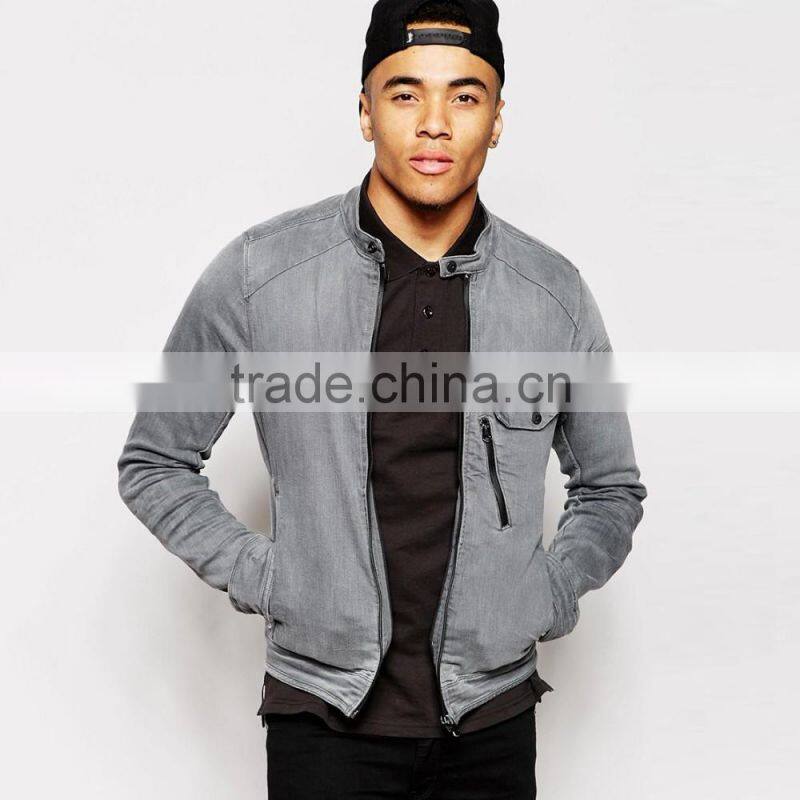 plain denim zipper windproof jacket for men of high quality custom made