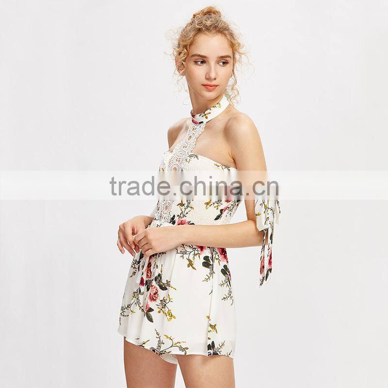 Polyester white ladies jumpsuit, floral print contrast lace playsuit