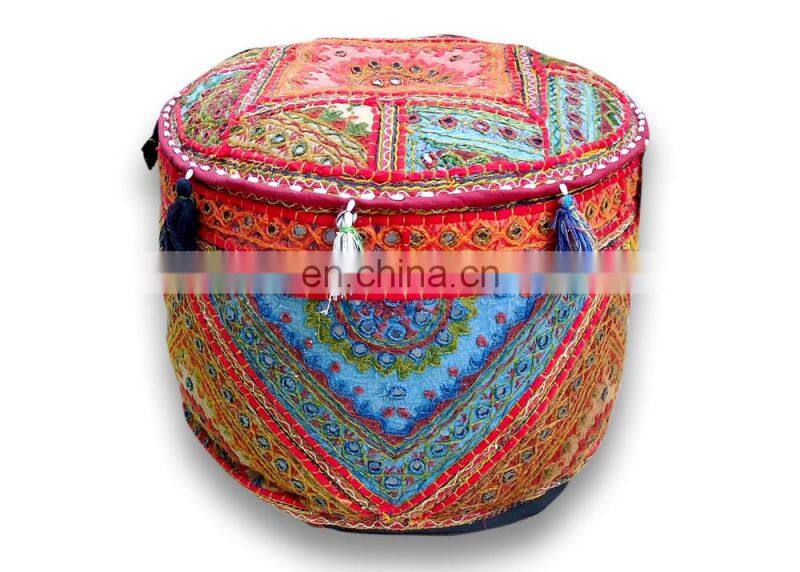 Round Patchwork Embroidered Multi Ottoman Pouf Bohemian Indian Decorative Ottoman Pouf Cover