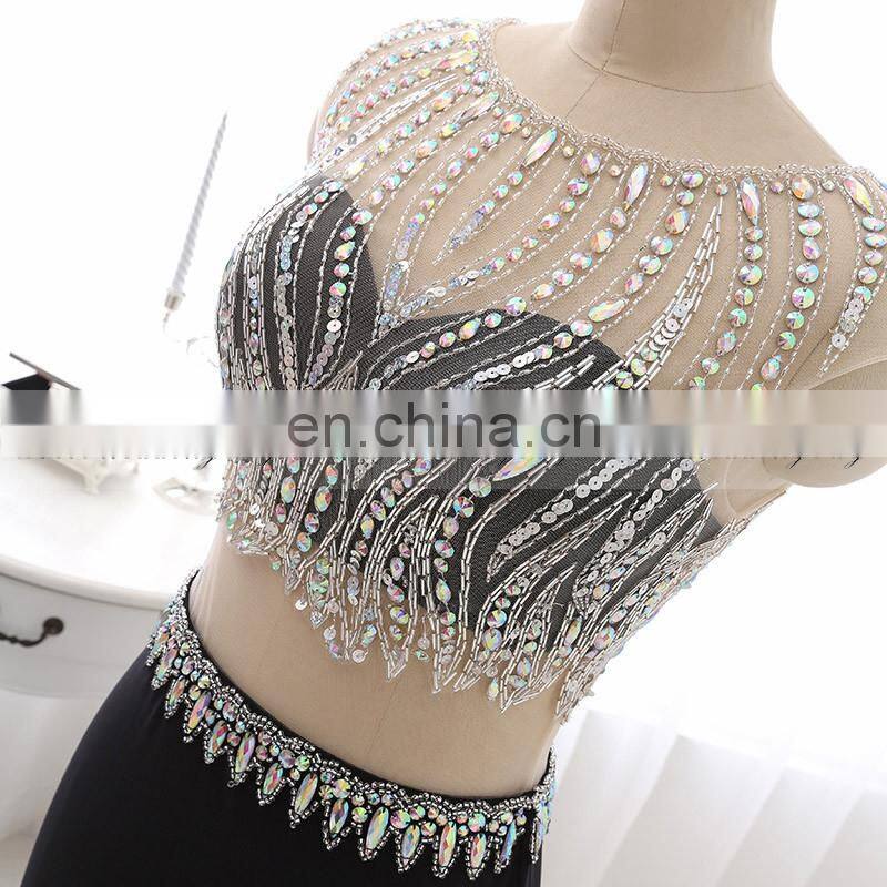 New Fashion Two-Piece Cap Sleeve Black Mermaid Crystal Beaded Evening Gowns Evening Dresses LX321