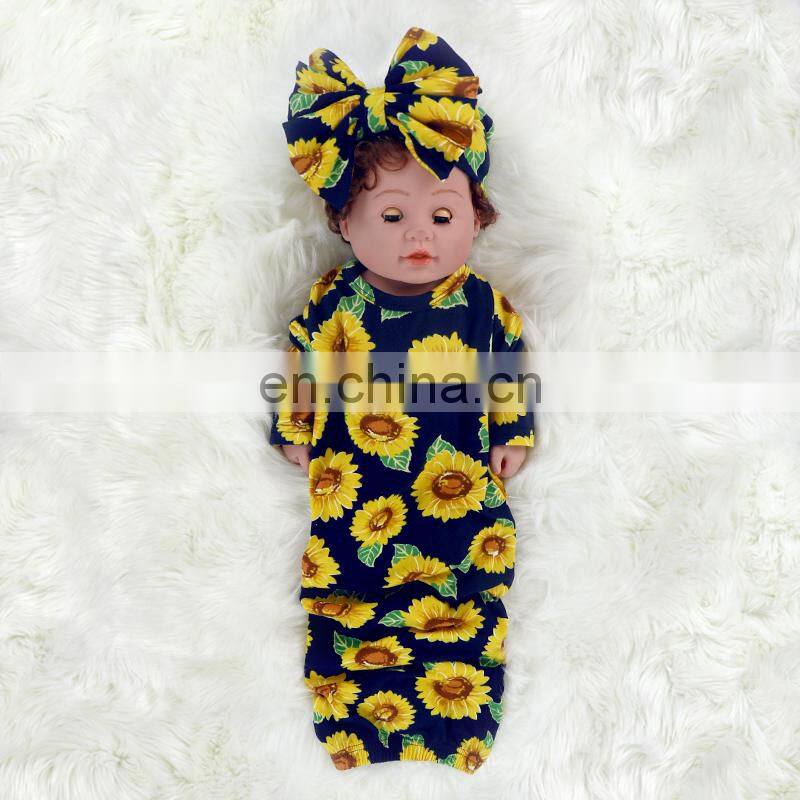 Cute floral print infant baby sleeping bag long sleeve children clothing and headband 2pcs sleeping bag baby gown set