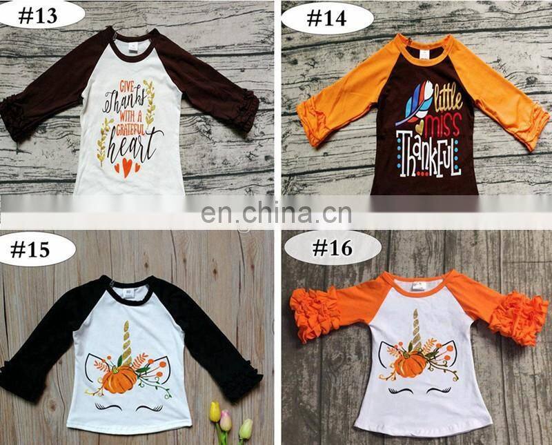 Halloween Baby Girl Ruffle Raglan gold pumpkins Tshirts Kids Ruffle rainbow Tops Santa Boys Clothes