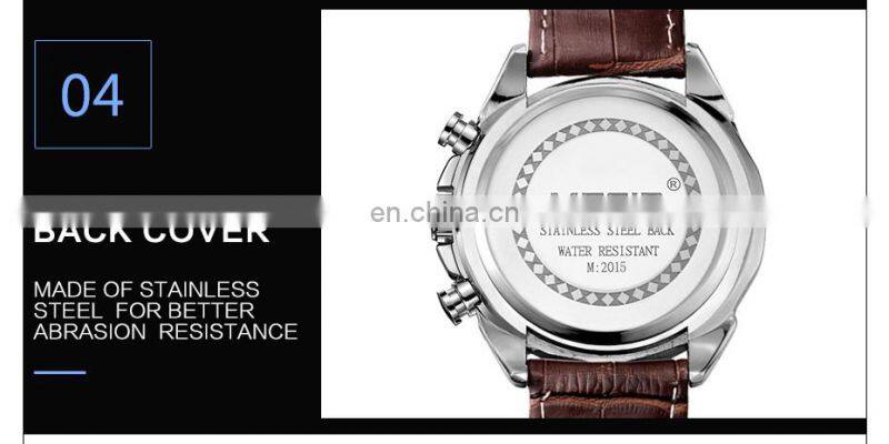 MEGIR 2015 Men Leather Strap Analog Chronograph Calendar Wrist Watch Military Sport Men Wristwatch