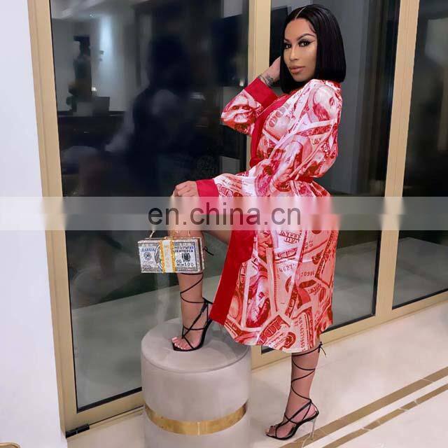 Hot Sell Satin Money Print Silk Robes Women Sexy