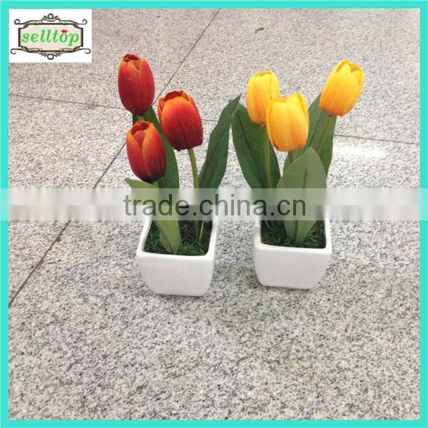 20cm 9 heads silk tulip with wooden pot artificial flower bonsai