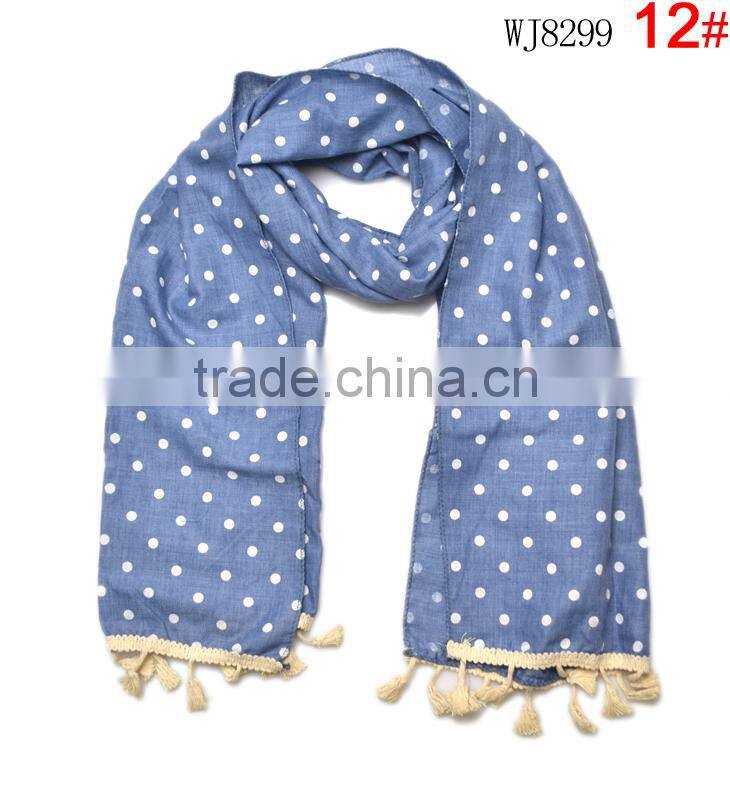 Wholesale Latest Polka Dot Printed Cotton Linen Children Girls Scarf With Tassels