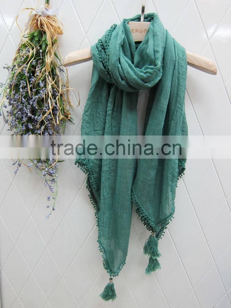 Fashion Latest Large Long Plain Cotton Linen Embroidery Lace Brim Tassel Scarf Shawl