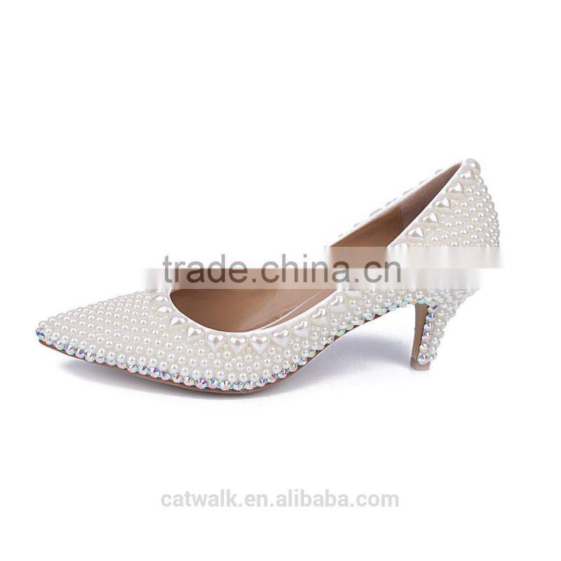CATWALK15-S0190273 Fashion women luxurious dress shoes handmade peal low heel shoes beautiful women bridal shoes