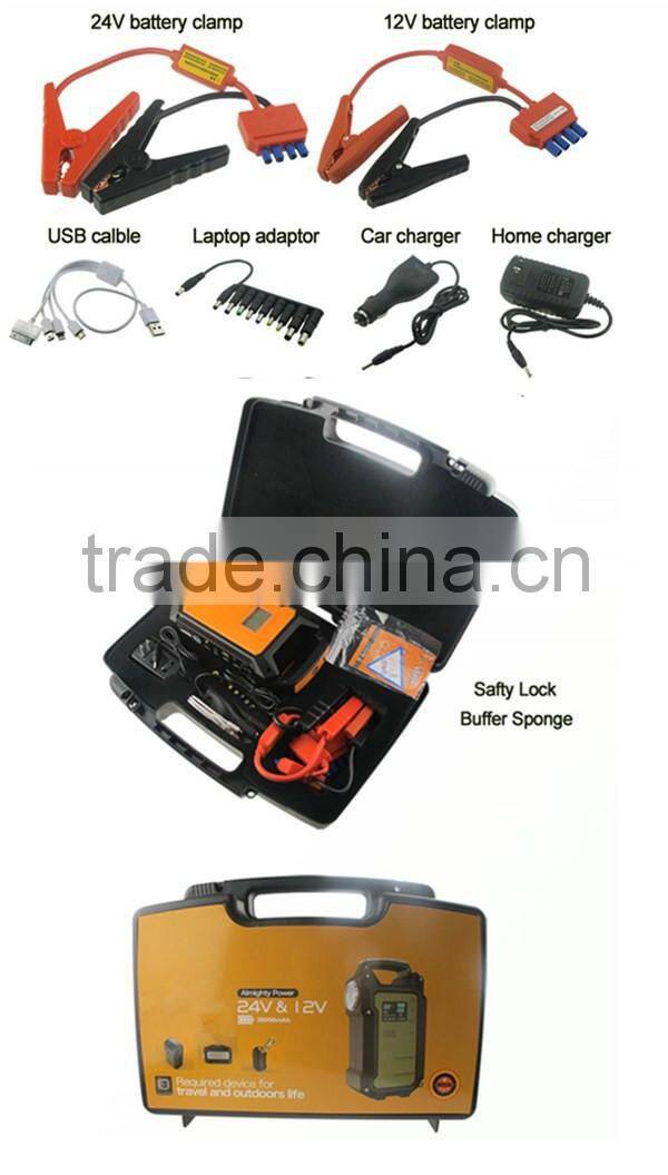 sunpow 36000mah Rechargeable Battery car booster Mini 24v and 12v jump starter Emergency power bank station with Air compressor