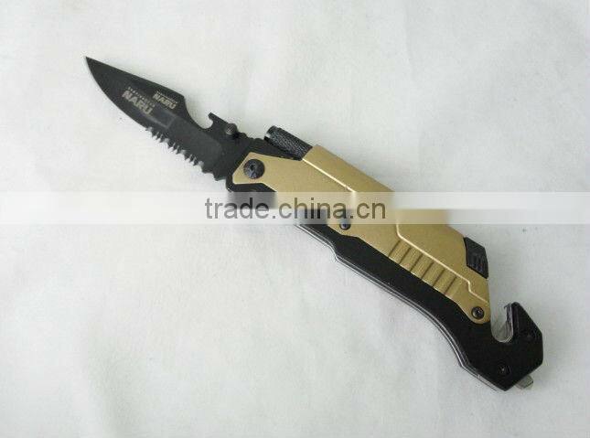 Multi-function Folding Survive Knife with LED light/belt Cutter/Fire Starter