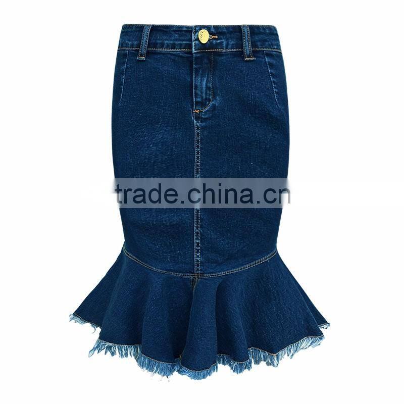 lastest design girls fashion women dark blue raw edges denim elastic jeans skirts