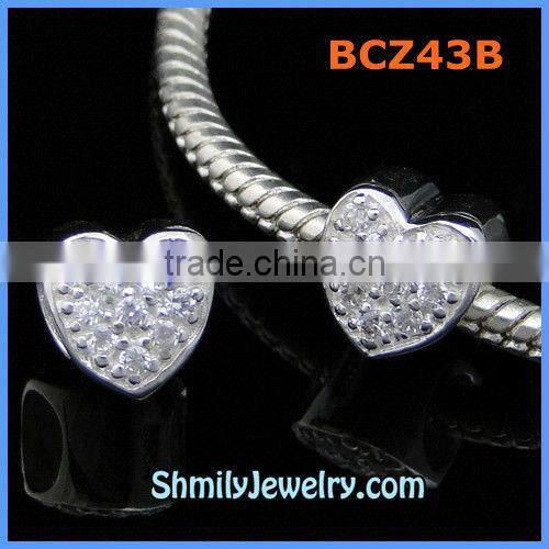 Wholesale Pink CZ Rhinestone Sterling Silver Heart Beads BCZ43A
