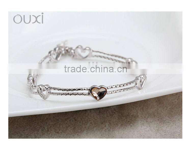 OUXI Concise Style heart shaped Silver&Blue crystal chain bracelet Y50005