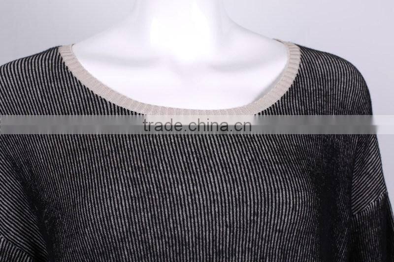 Alibaba export womens' boat neck drop shoulder 1/2 sleeve pullover knitted sweater with jacquard