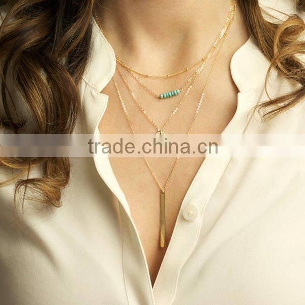 Fashion multi-layer 4 layers turquoiso beads pendant gold chain short chain necklaces designs