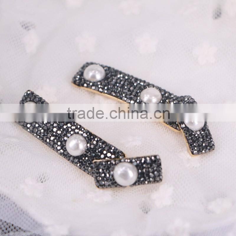 Curved Bar Design Earrings Studs, Setting Freshwater Pearl and Crystal Gemstone Druzy Earring