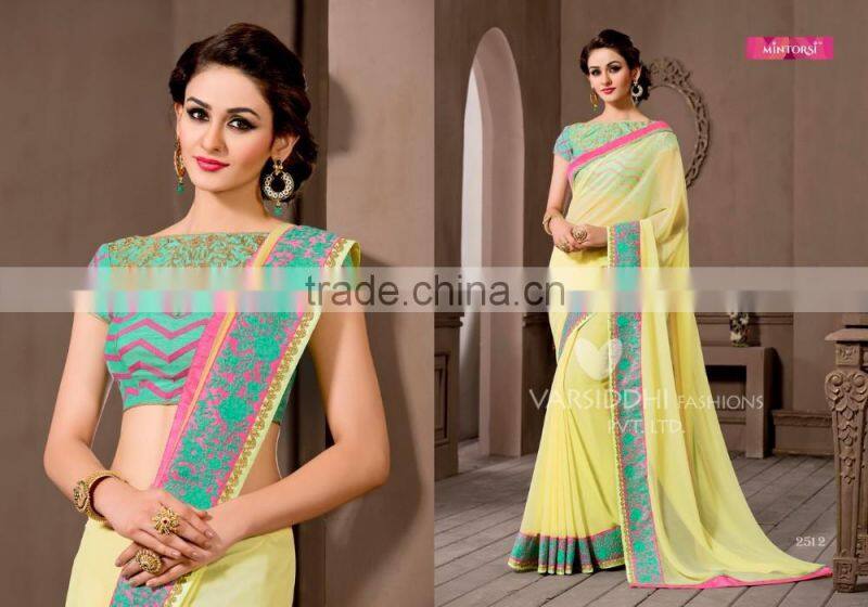 Glided Light Yellow Georgette Saree/Traditional Indian Sarees