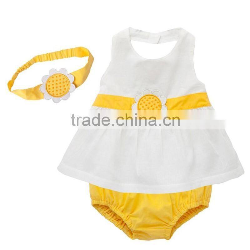 Wholesale Brand Summer Toddler Infant Girls Birthday Party Outfits Headband+Top+ Bloomers Kids Newborn Clothes